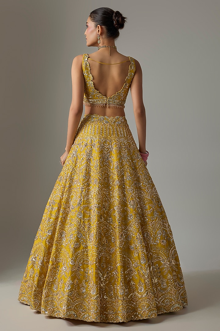 Yellow Raw Silk Zardosi Embroidered Bridal Lehenga Set by Shlok Design at Pernia's Pop Up Shop