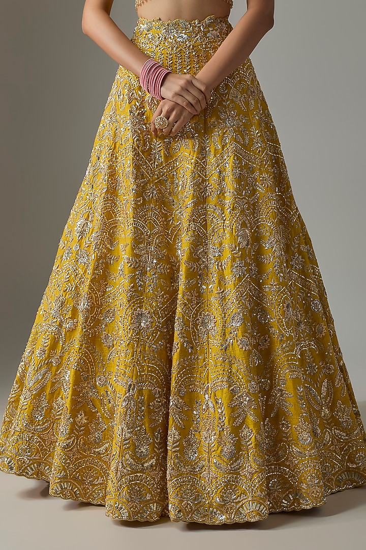 Yellow Raw Silk Zardosi Embroidered Bridal Lehenga Set by Shlok Design at Pernia's Pop Up Shop