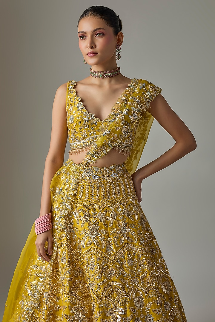 Yellow Raw Silk Zardosi Embroidered Bridal Lehenga Set by Shlok Design at Pernia's Pop Up Shop