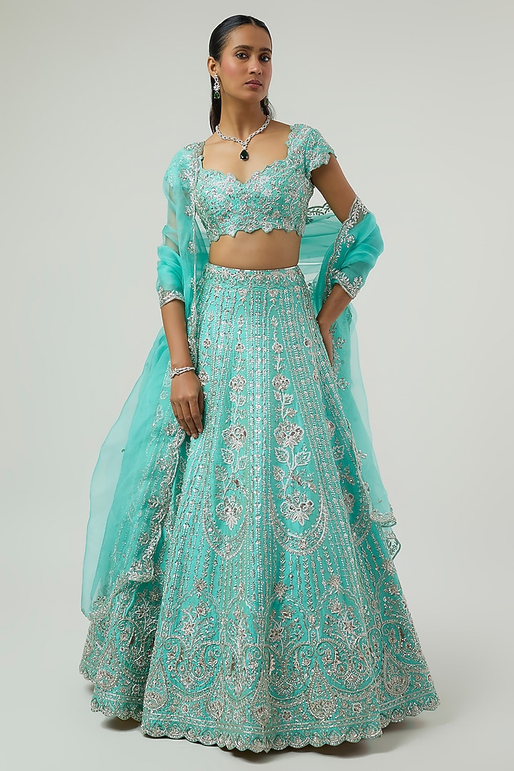Mint Green Raw Silk Zardosi Embroidered Bridal Bridal Lehenga Set by Shlok Design at Pernia's Pop Up Shop