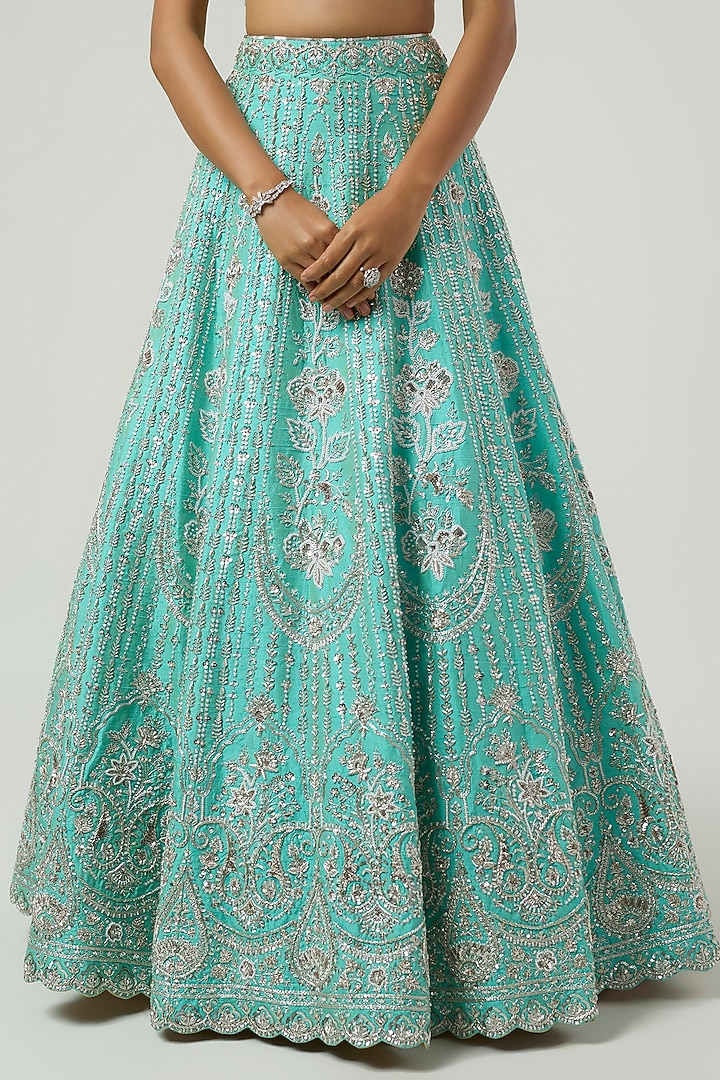 Mint Green Raw Silk Zardosi Embroidered Bridal Bridal Lehenga Set by Shlok Design at Pernia's Pop Up Shop