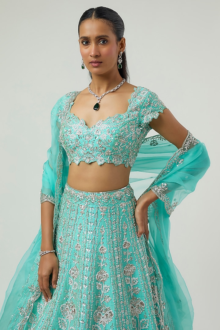 Mint Green Raw Silk Zardosi Embroidered Bridal Bridal Lehenga Set by Shlok Design at Pernia's Pop Up Shop