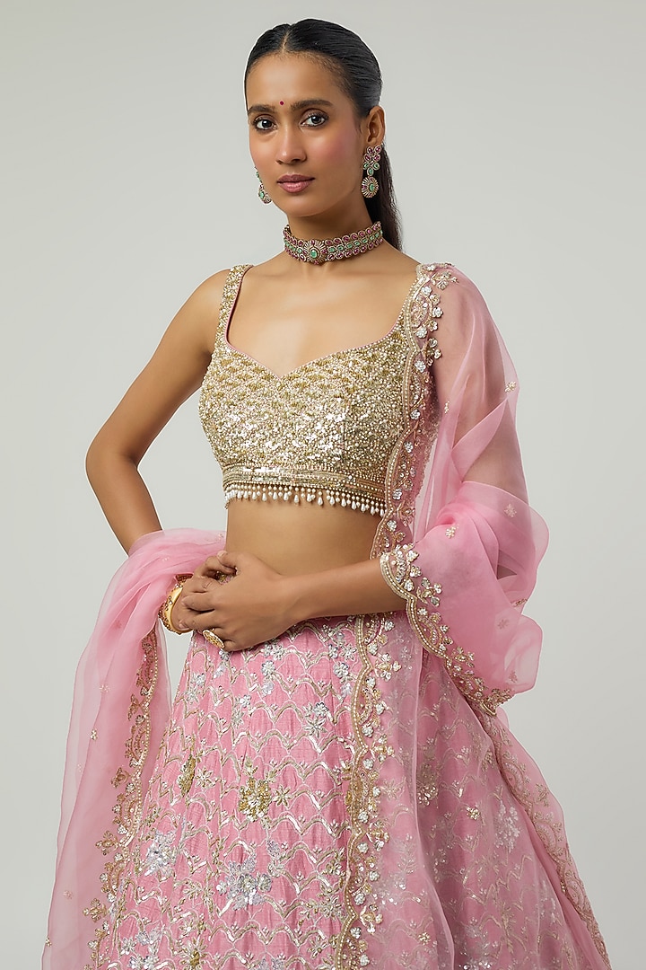 Pink Dupion Sequin Embroidered Bridal Bridal Lehenga Set by Shlok Design at Pernia's Pop Up Shop