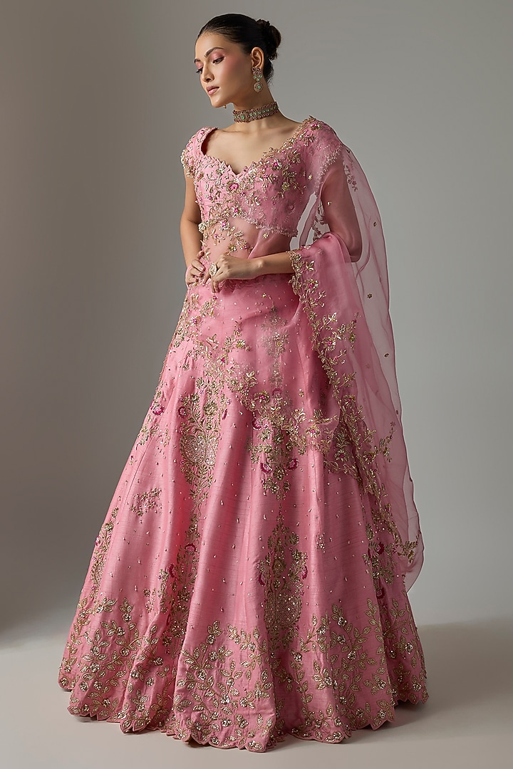 Pink Dupion Resham Embroidered Bridal Lehenga Set by Shlok Design at Pernia's Pop Up Shop