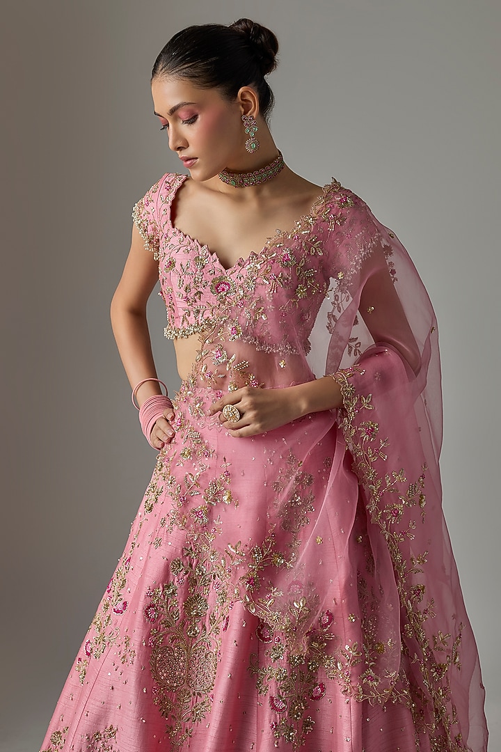 Pink Dupion Resham Embroidered Bridal Lehenga Set by Shlok Design at Pernia's Pop Up Shop