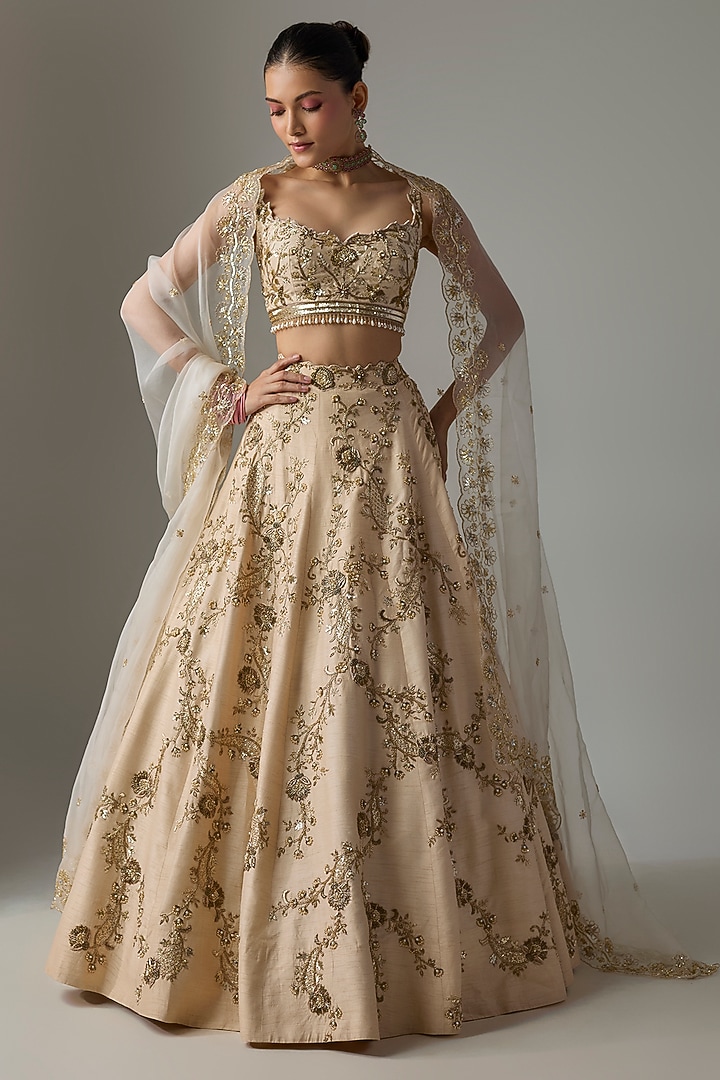 Off-White Dupion Zardosi Embroidered Bridal Lehenga Set by Shlok Design at Pernia's Pop Up Shop