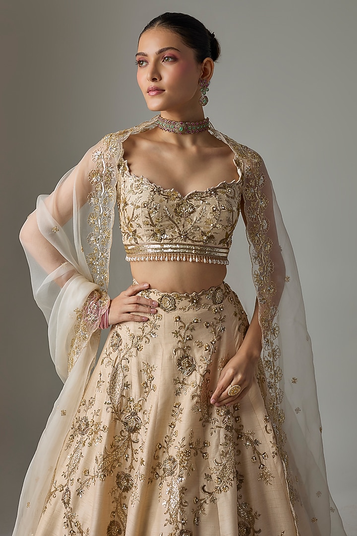 Off-White Dupion Zardosi Embroidered Bridal Lehenga Set by Shlok Design at Pernia's Pop Up Shop