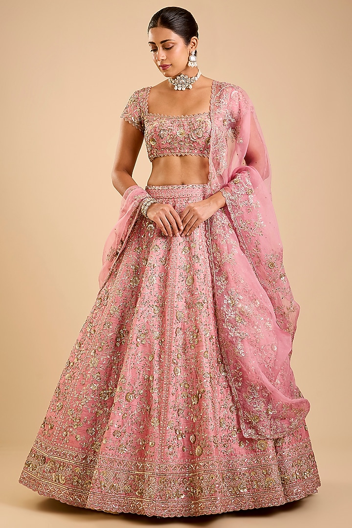 Pink Dupion Zardosi Embroidered Bridal Lehenga Set by Shlok Design at Pernia's Pop Up Shop