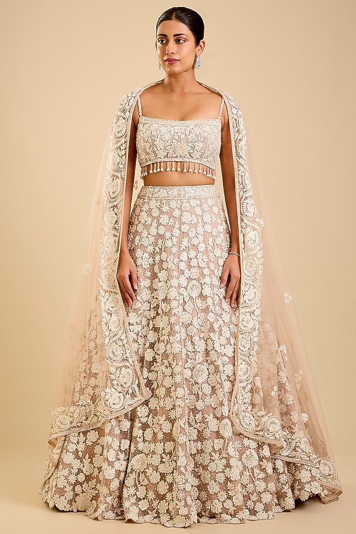 Beige & Ivory Net Resham Embroidered Bridal Lehenga Set by Shlok Design at Pernia's Pop Up Shop