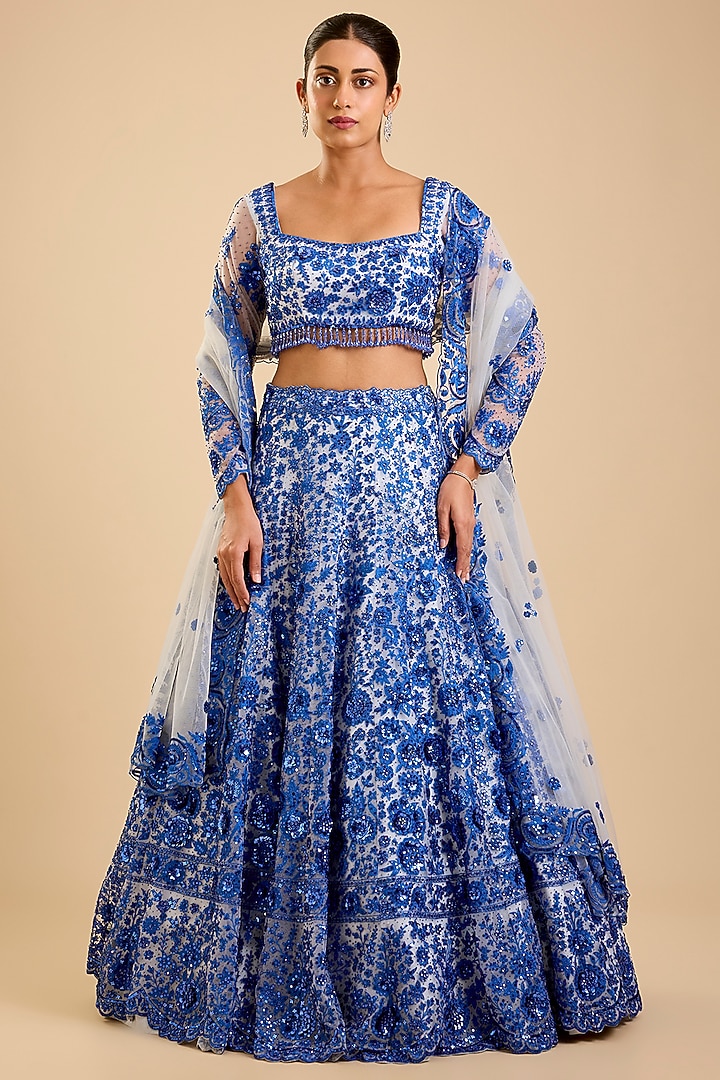 Blue Net Sequins Embroidered Bridal Lehenga Set by Shlok Design at Pernia's Pop Up Shop