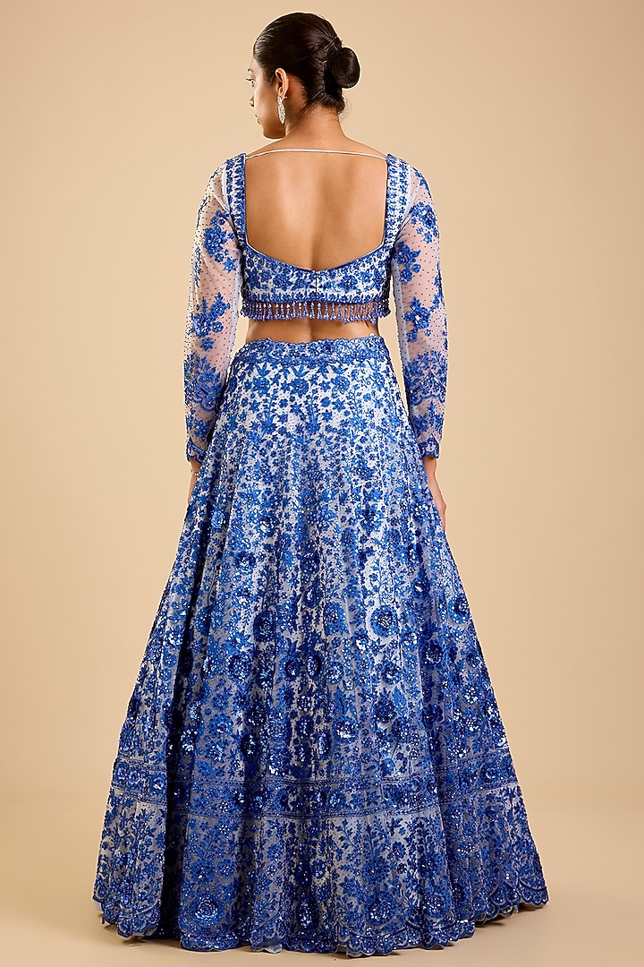 Blue Net Sequins Embroidered Bridal Lehenga Set by Shlok Design at Pernia's Pop Up Shop
