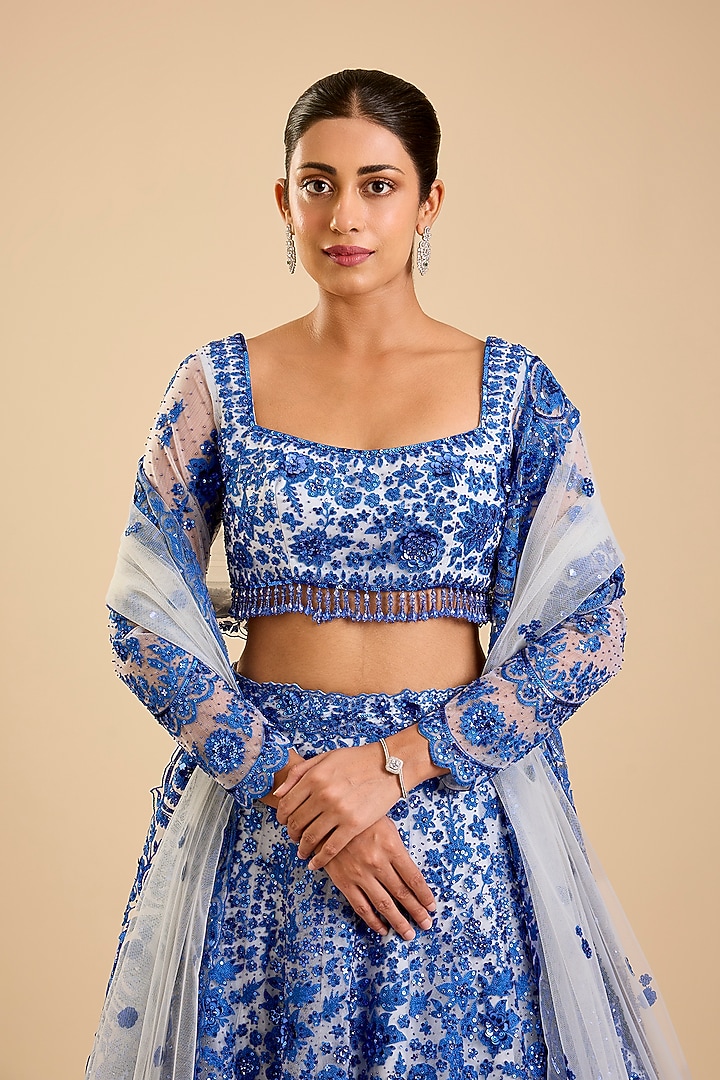Blue Net Sequins Embroidered Bridal Lehenga Set by Shlok Design at Pernia's Pop Up Shop