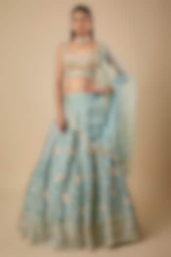 Moss Green Dupion Silk Sequin & Zardosi Jaal Embroidered Bridal Lehenga Set by Shlok Design at Pernia's Pop Up Shop
