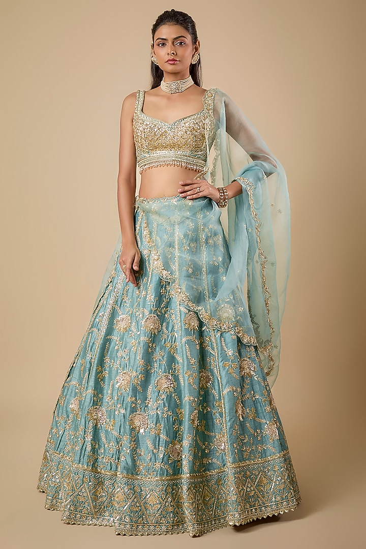 Moss Green Dupion Silk Sequin & Zardosi Jaal Embroidered Bridal Lehenga Set by Shlok Design at Pernia's Pop Up Shop