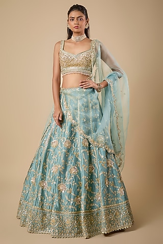 Moss Green Dupion Silk Sequin & Zardosi Jaal Embroidered Lehenga Set by Shlok Design
