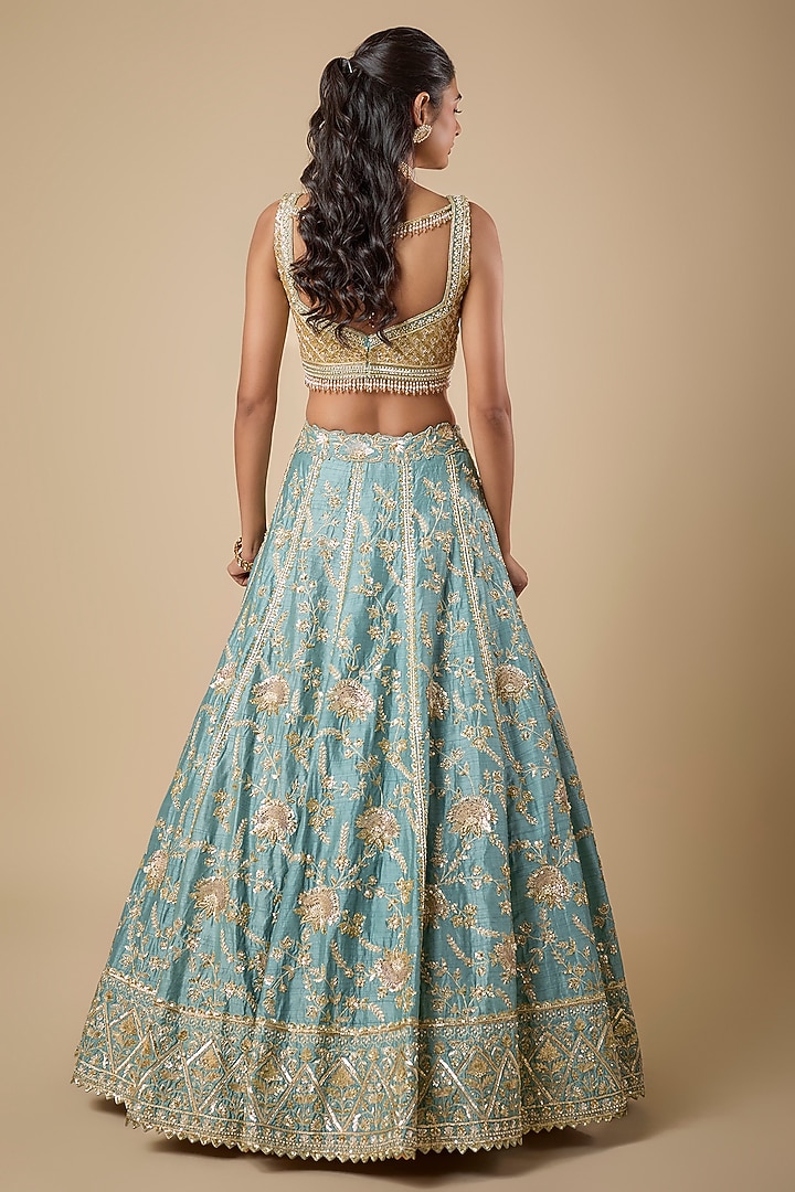 Moss Green Dupion Silk Sequin & Zardosi Jaal Embroidered Bridal Lehenga Set by Shlok Design at Pernia's Pop Up Shop