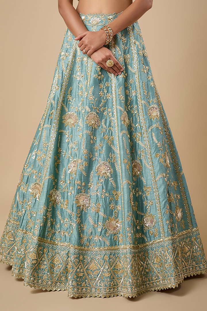 Moss Green Dupion Silk Sequin & Zardosi Jaal Embroidered Bridal Lehenga Set by Shlok Design at Pernia's Pop Up Shop
