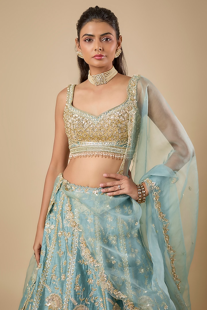 Moss Green Dupion Silk Sequin & Zardosi Jaal Embroidered Bridal Lehenga Set by Shlok Design at Pernia's Pop Up Shop