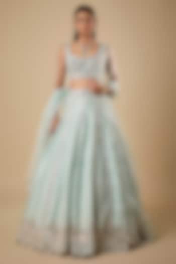 Mint Dupion Silk Boota Zardosi & Sequin Embroidered Bridal Lehenga Set by Shlok Design at Pernia's Pop Up Shop