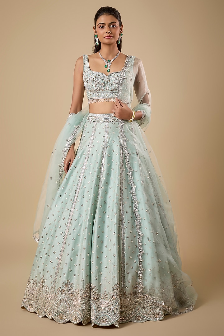 Mint Dupion Silk Boota Zardosi & Sequin Embroidered Bridal Lehenga Set by Shlok Design at Pernia's Pop Up Shop