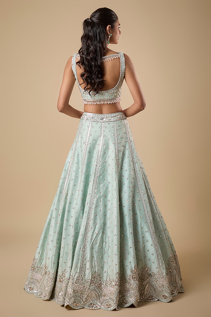 Mint Dupion Silk Boota Zardosi & Sequin Embroidered Bridal Lehenga Set by Shlok Design at Pernia's Pop Up Shop