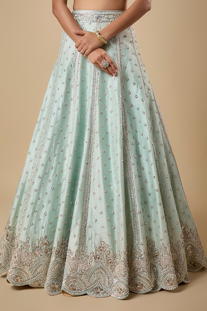 Mint Dupion Silk Boota Zardosi & Sequin Embroidered Bridal Lehenga Set by Shlok Design at Pernia's Pop Up Shop
