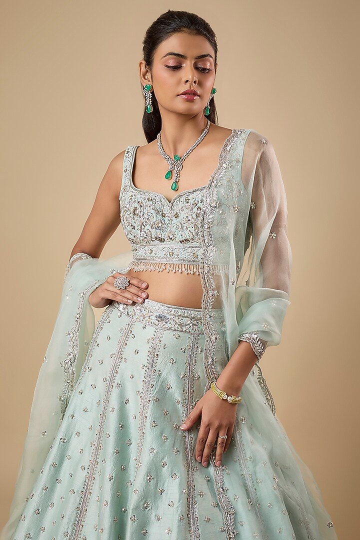 Mint Dupion Silk Boota Zardosi & Sequin Embroidered Bridal Lehenga Set by Shlok Design at Pernia's Pop Up Shop