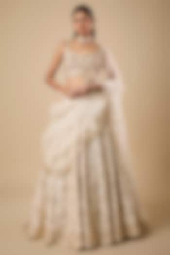 Ivory Dupion Silk Pitta Zardosi Sequin & Pearl Embroidered Bridal Lehenga Set by Shlok Design at Pernia's Pop Up Shop