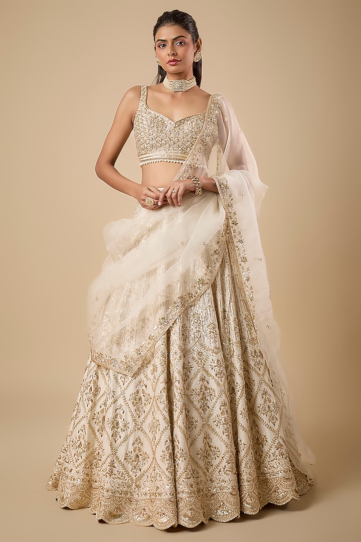 Ivory Dupion Silk Pitta Zardosi Sequin & Pearl Embroidered Bridal Lehenga Set by Shlok Design at Pernia's Pop Up Shop