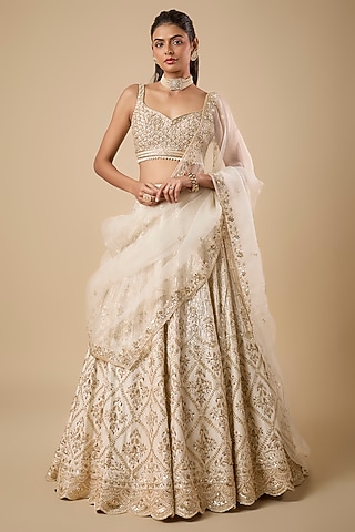 Ivory Dupion Silk Pitta Zardosi Sequin & Pearl Embroidered Lehenga Set by Shlok Design