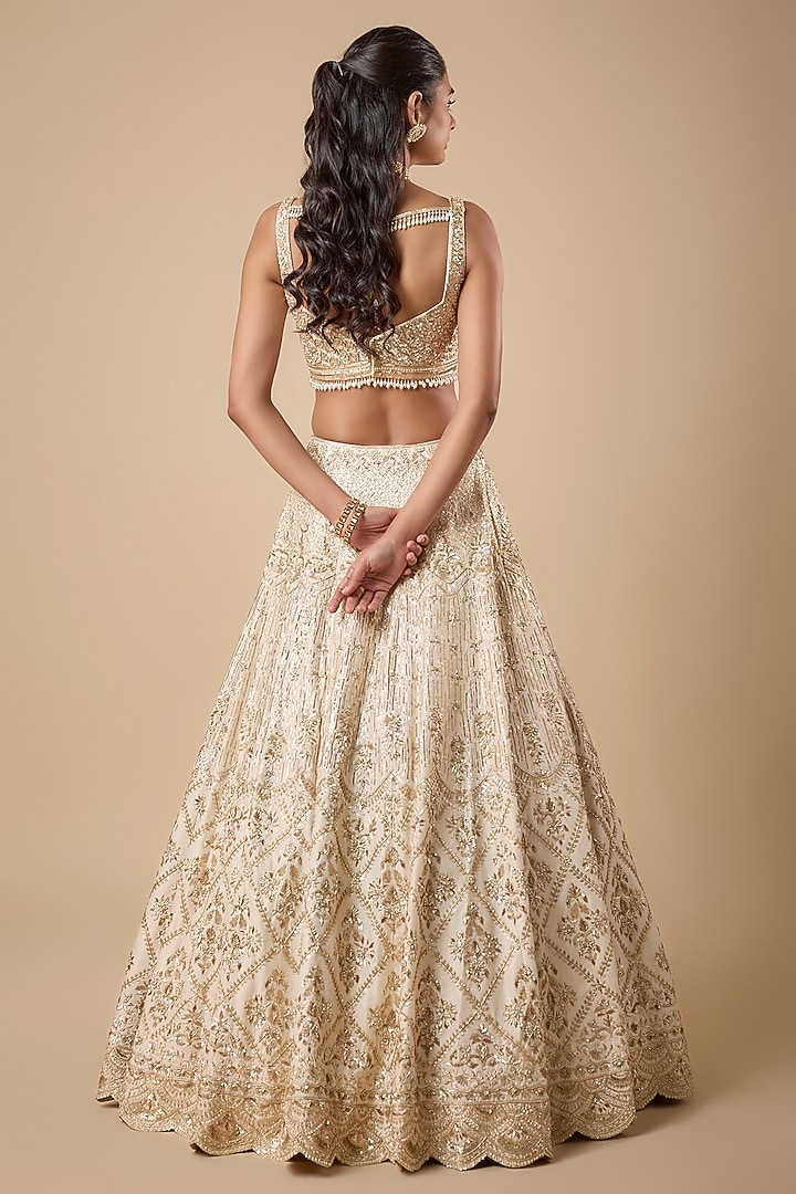 Ivory Dupion Silk Pitta Zardosi Sequin & Pearl Embroidered Bridal Lehenga Set by Shlok Design at Pernia's Pop Up Shop