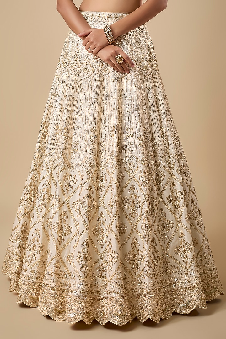 Ivory Dupion Silk Pitta Zardosi Sequin & Pearl Embroidered Bridal Lehenga Set by Shlok Design at Pernia's Pop Up Shop