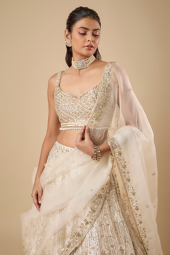 Ivory Dupion Silk Pitta Zardosi Sequin & Pearl Embroidered Bridal Lehenga Set by Shlok Design at Pernia's Pop Up Shop