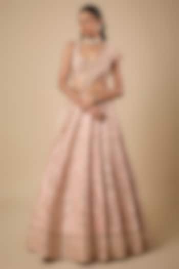 Peach Dupion Silk Jaal Sequin & Zardosi Embroidered Bridal Lehenga Set by Shlok Design at Pernia's Pop Up Shop
