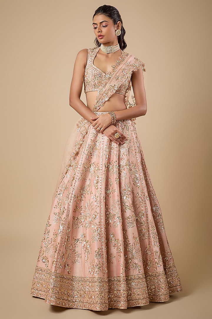 Peach Dupion Silk Jaal Sequin & Zardosi Embroidered Bridal Lehenga Set by Shlok Design at Pernia's Pop Up Shop