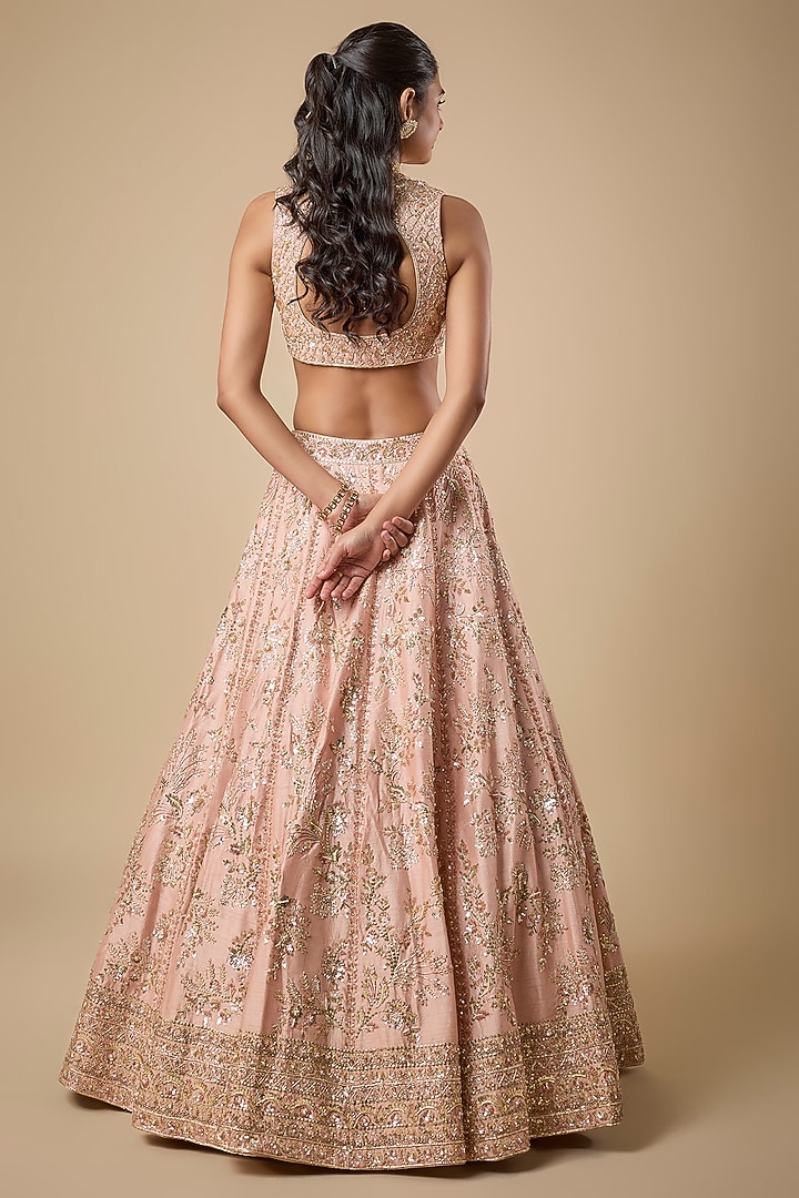 Peach Dupion Silk Jaal Sequin & Zardosi Embroidered Bridal Lehenga Set by Shlok Design at Pernia's Pop Up Shop