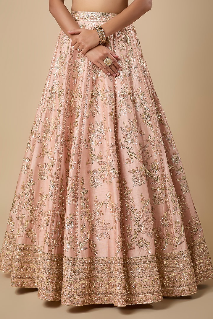 Peach Dupion Silk Jaal Sequin & Zardosi Embroidered Bridal Lehenga Set by Shlok Design at Pernia's Pop Up Shop
