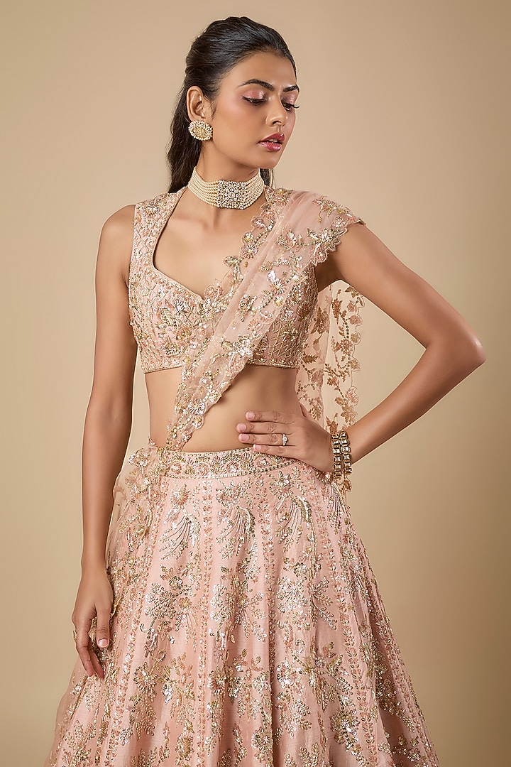 Peach Dupion Silk Jaal Sequin & Zardosi Embroidered Bridal Lehenga Set by Shlok Design at Pernia's Pop Up Shop