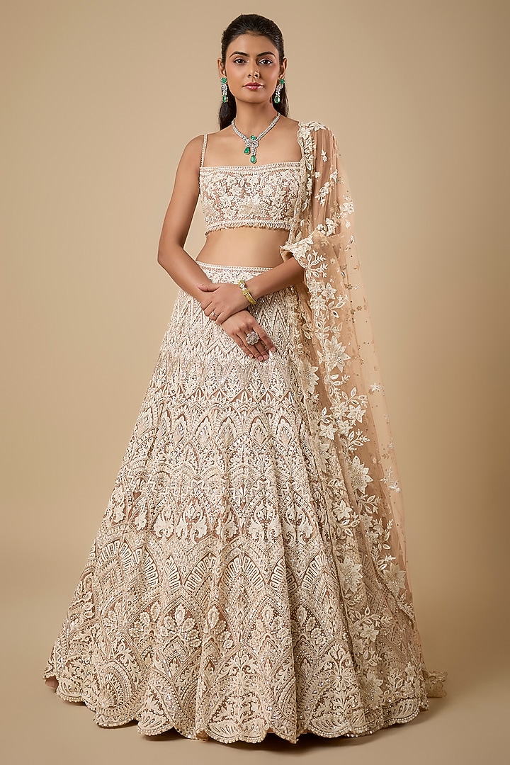 Beige Net Sequin & Pearl Embroidered Bridal Lehenga Set by Shlok Design at Pernia's Pop Up Shop