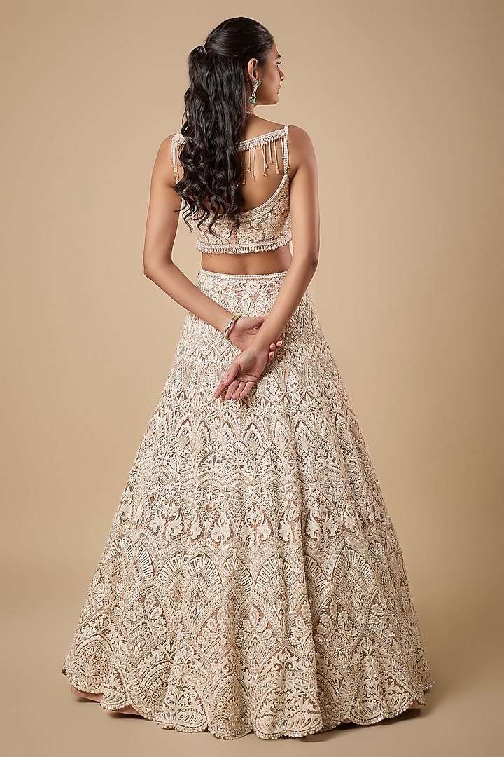 Beige Net Sequin & Pearl Embroidered Bridal Lehenga Set by Shlok Design at Pernia's Pop Up Shop