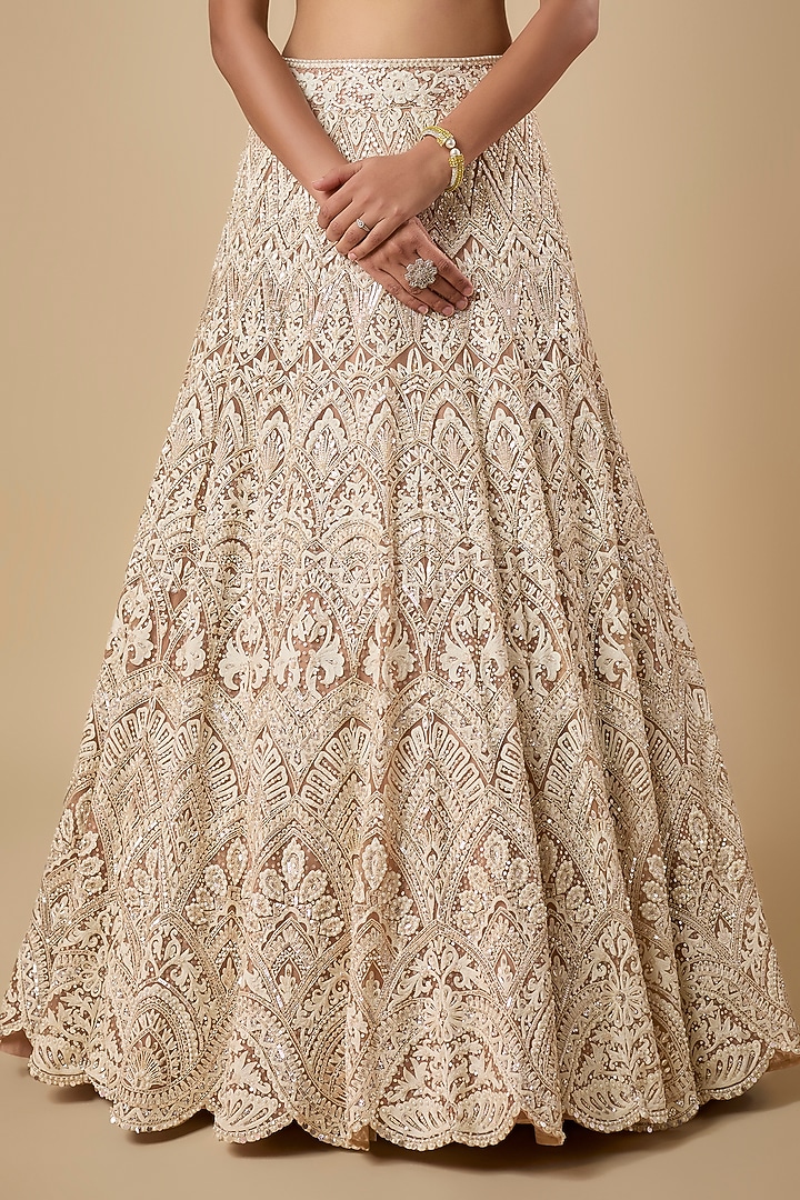 Beige Net Sequin & Pearl Embroidered Bridal Lehenga Set by Shlok Design at Pernia's Pop Up Shop
