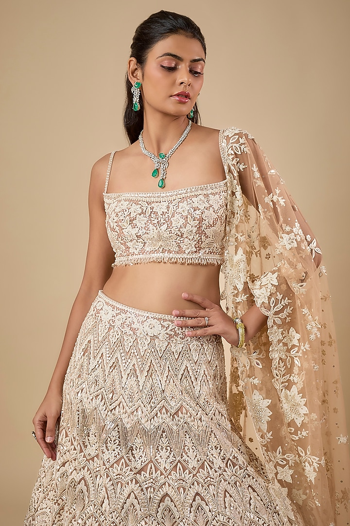 Beige Net Sequin & Pearl Embroidered Bridal Lehenga Set by Shlok Design at Pernia's Pop Up Shop