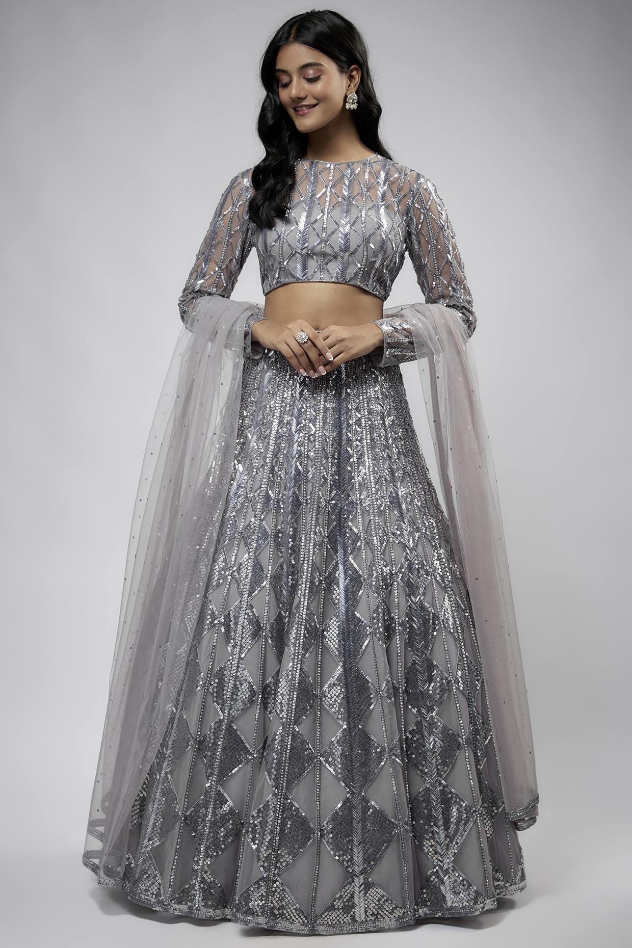 Grey Net Embroidered Wedding Lehenga Set by Shlok Design at Pernia's Pop Up Shop