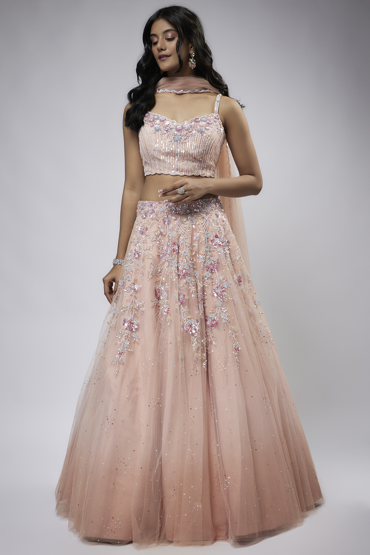 Peach Net Embroidered Wedding Lehenga Set by Shlok Design at Pernia's Pop Up Shop