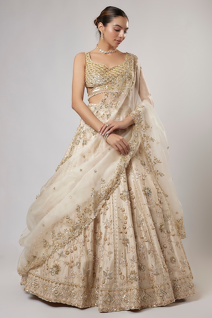 Ivory Dupion Silk Zardosi & Sequins Embroidered Bridal Lehenga Set by Shlok Design at Pernia's Pop Up Shop