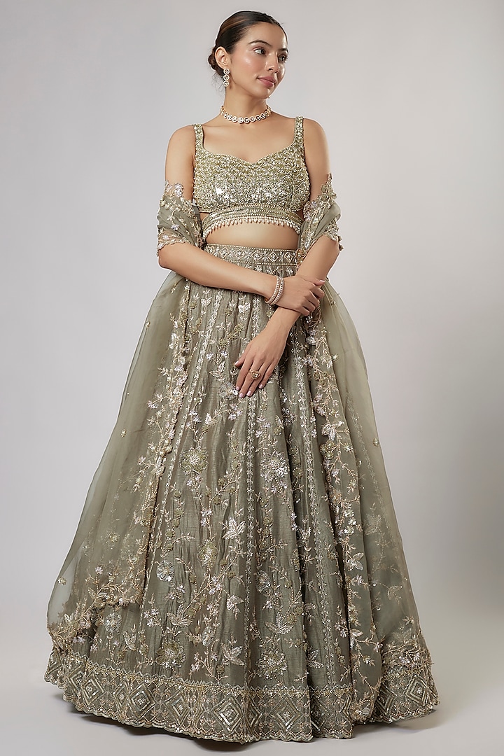 Olive Green Dupion Silk Zardosi & Jaal Embroidered Bridal Lehenga Set by Shlok Design at Pernia's Pop Up Shop