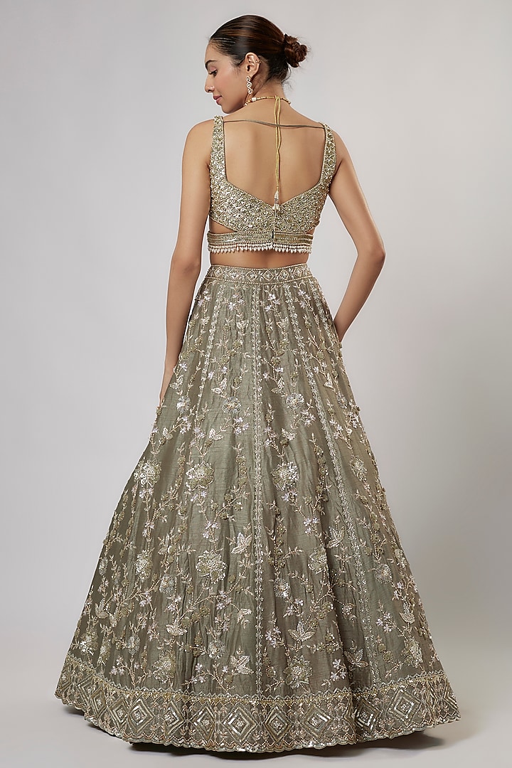 Olive Green Dupion Silk Zardosi & Jaal Embroidered Bridal Lehenga Set by Shlok Design at Pernia's Pop Up Shop