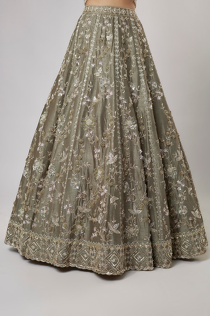 Olive Green Dupion Silk Zardosi & Jaal Embroidered Bridal Lehenga Set by Shlok Design at Pernia's Pop Up Shop