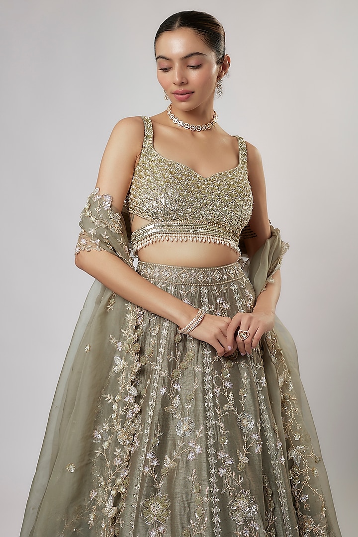 Olive Green Dupion Silk Zardosi & Jaal Embroidered Bridal Lehenga Set by Shlok Design at Pernia's Pop Up Shop