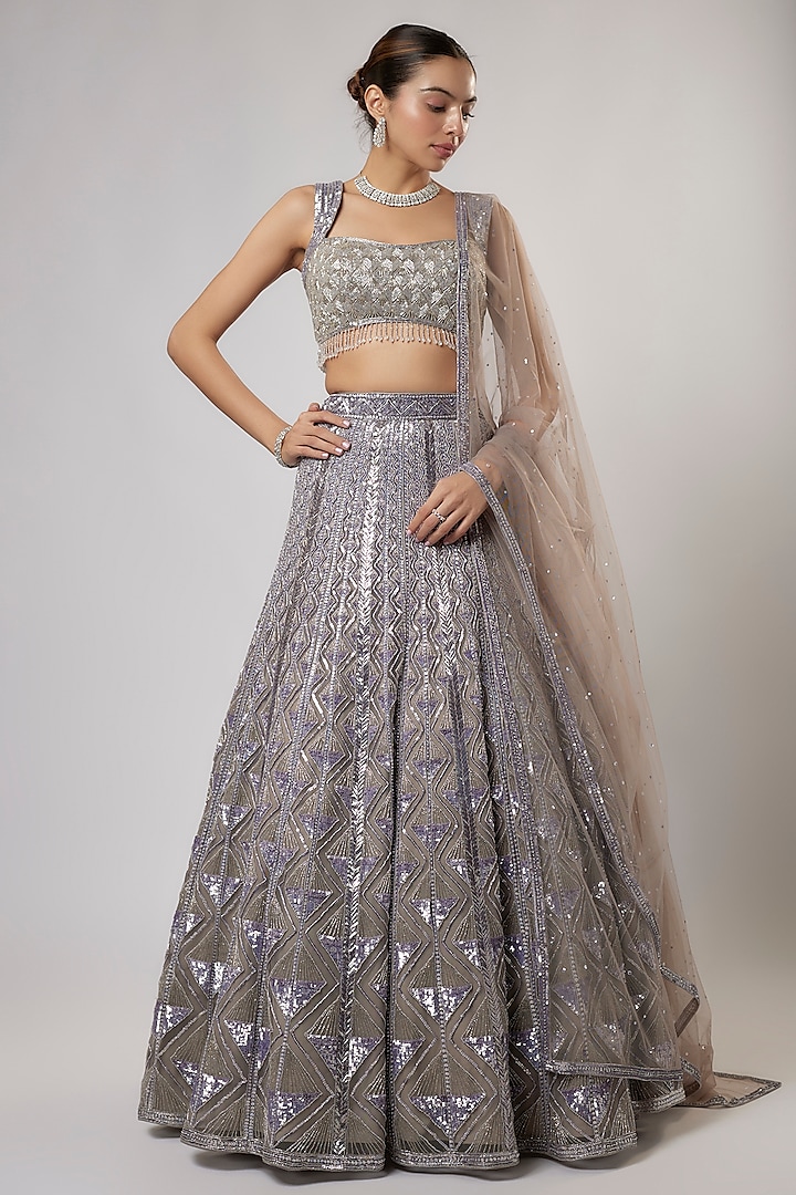 Grey Net Sequins Embroidered Wedding Lehenga Set by Shlok Design at Pernia's Pop Up Shop